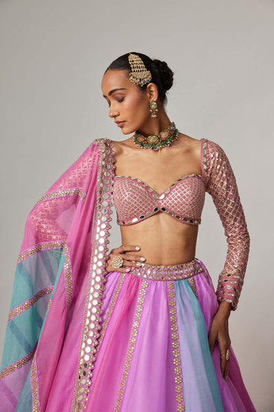 V Vani Vats Mauve Multicolor Linear Lehenga With Sweetheart Full Sleeve Blouse indian designer wear online shopping melange singapore 