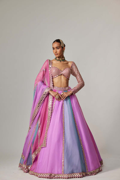 V Vani Vats Mauve Multicolor Linear Lehenga With Sweetheart Full Sleeve Blouse indian designer wear online shopping melange singapore 