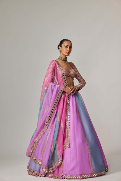 V Vani Vats Mauve Multicolor Linear Lehenga With Sweetheart Full Sleeve Blouse indian designer wear online shopping melange singapore 