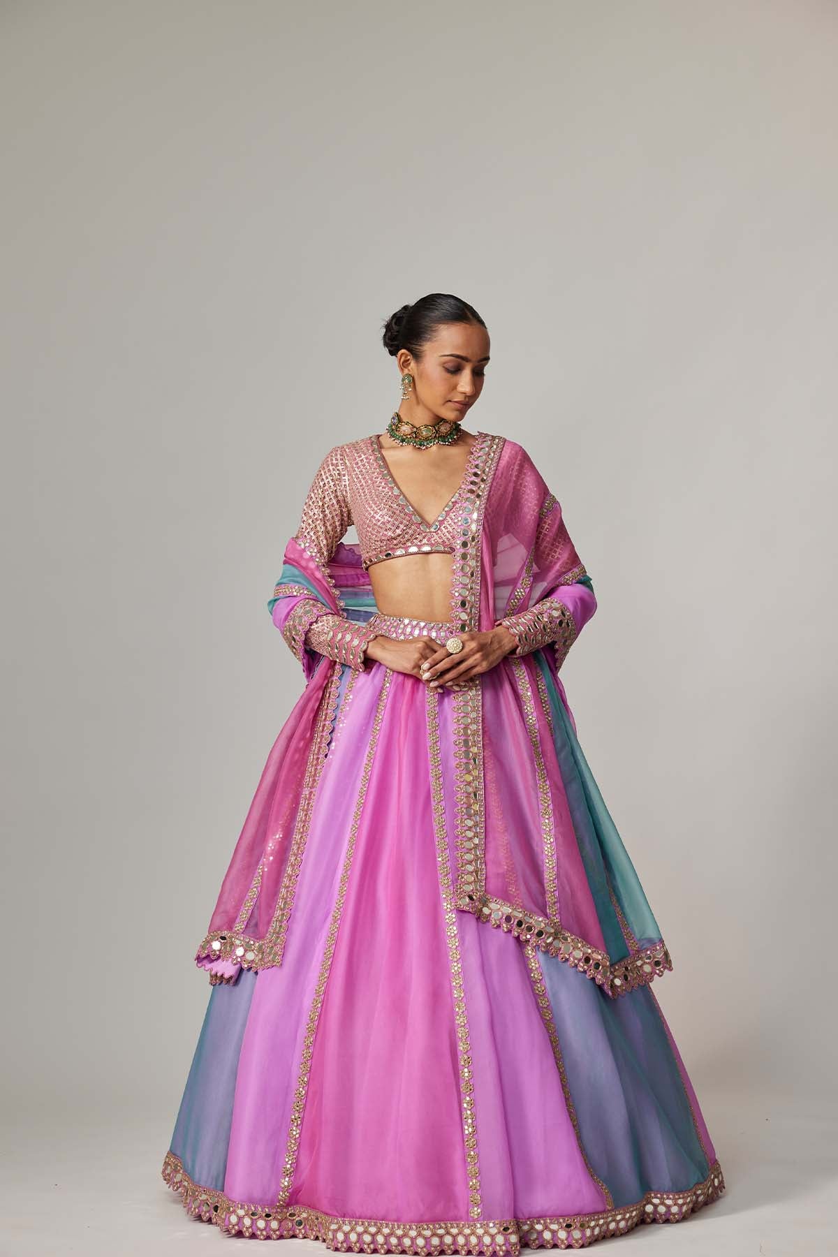 V Vani Vats Mauve Multicolor Linear Lehenga With V Neck Blouse indian designer wear online shopping melange singapore 
