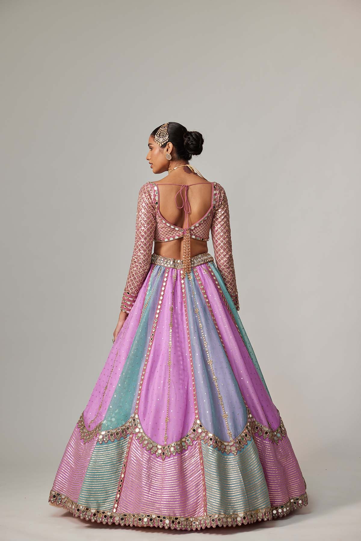 V Vani Vats Mauve Multicolor Sequin Scattered Lehenga With Sweetheart Full Sleeve Blouse indian designer wear online shopping melange singapore 