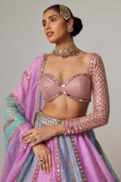 V Vani Vats Mauve Multicolor Sequin Scattered Lehenga With Sweetheart Full Sleeve Blouse indian designer wear online shopping melange singapore 