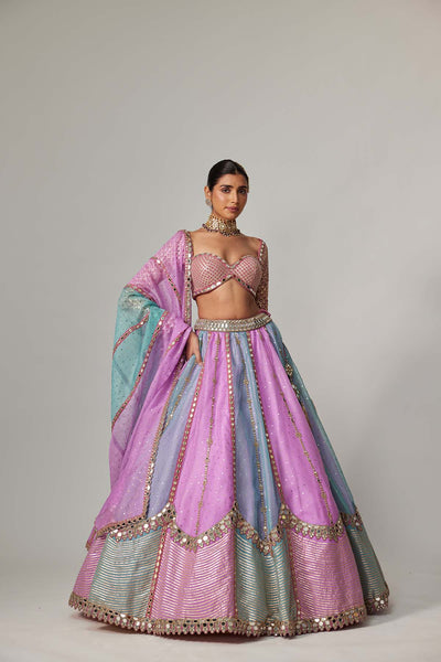 V Vani Vats Mauve Multicolor Sequin Scattered Lehenga With Sweetheart Full Sleeve Blouse indian designer wear online shopping melange singapore 