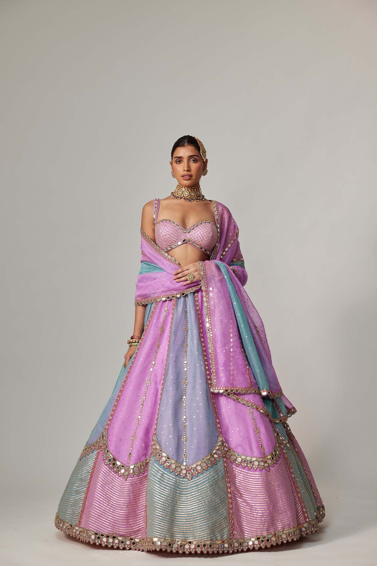 V Vani Vats Mauve Multicolor Sequin Scattered Lehenga With Sweetheart Neck Blouse indian designer wear online shopping melange singapore 