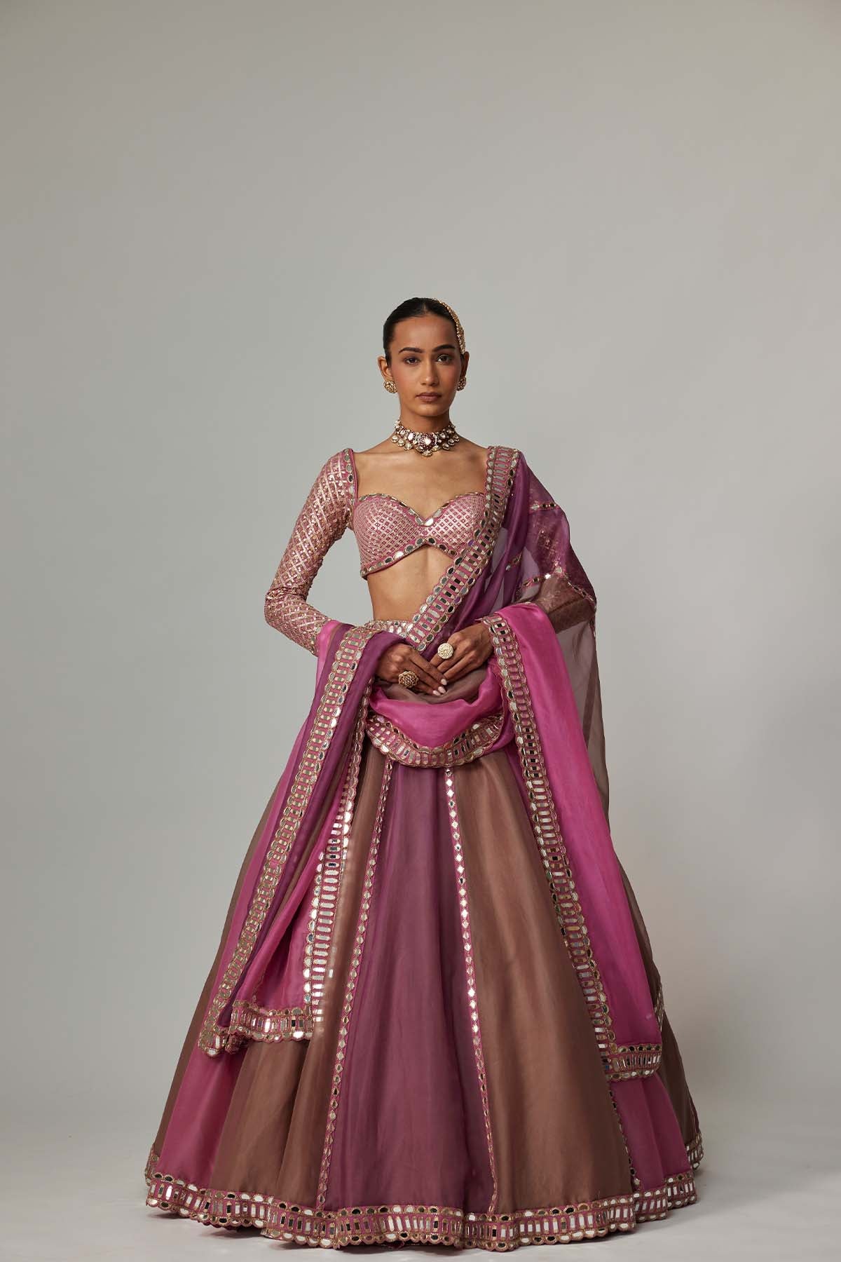 V Vani Vats Mud Mauve Multicolor Lehenga With Elbow Sleeve Blouse indian designer wear online shopping melange singapore 