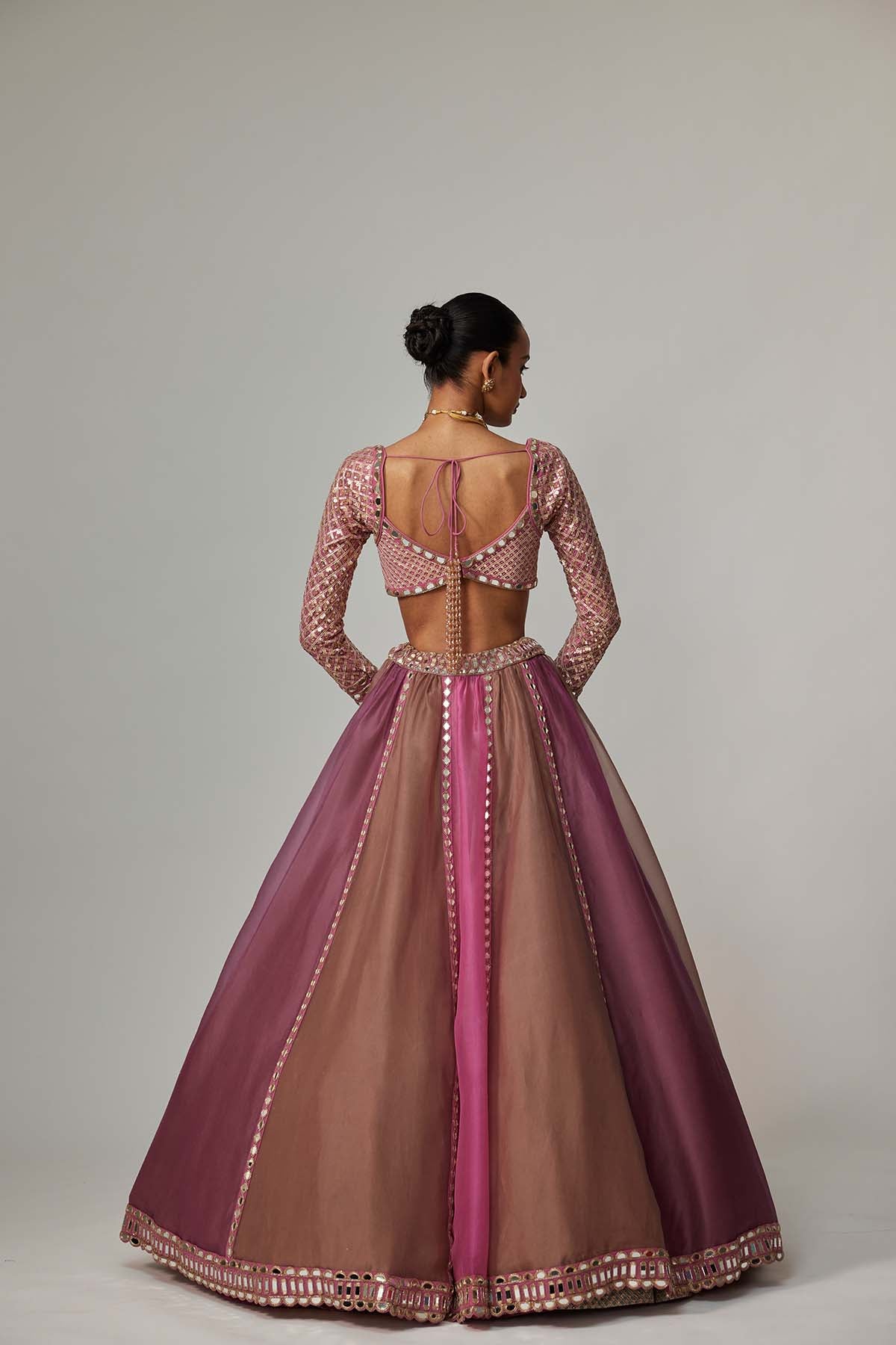 V Vani Vats Mud Mauve Multicolor Lehenga With Sweetheart Full Sleeve Blouse indian designer wear online shopping melange singapore 