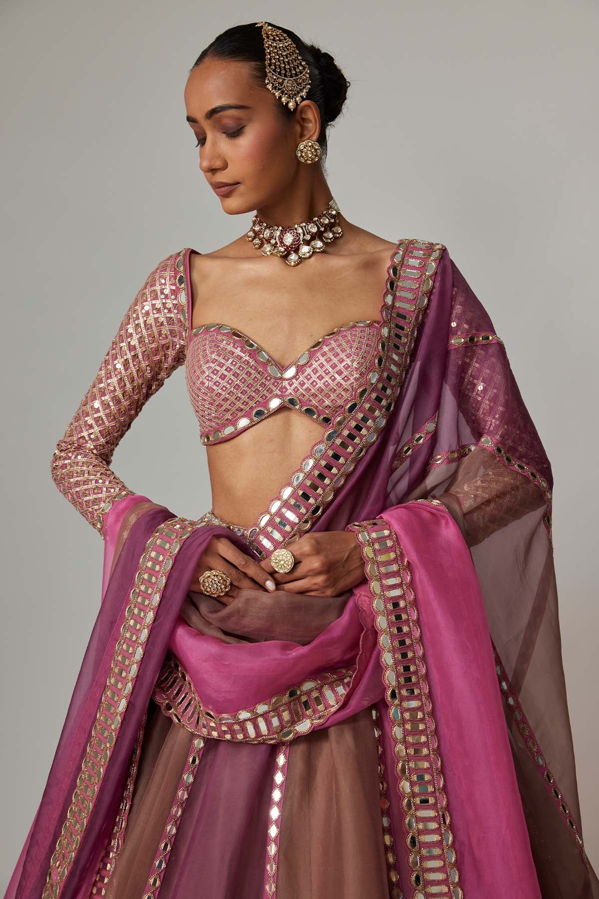 V Vani Vats Mud Mauve Multicolor Lehenga With Sweetheart Full Sleeve Blouse indian designer wear online shopping melange singapore 