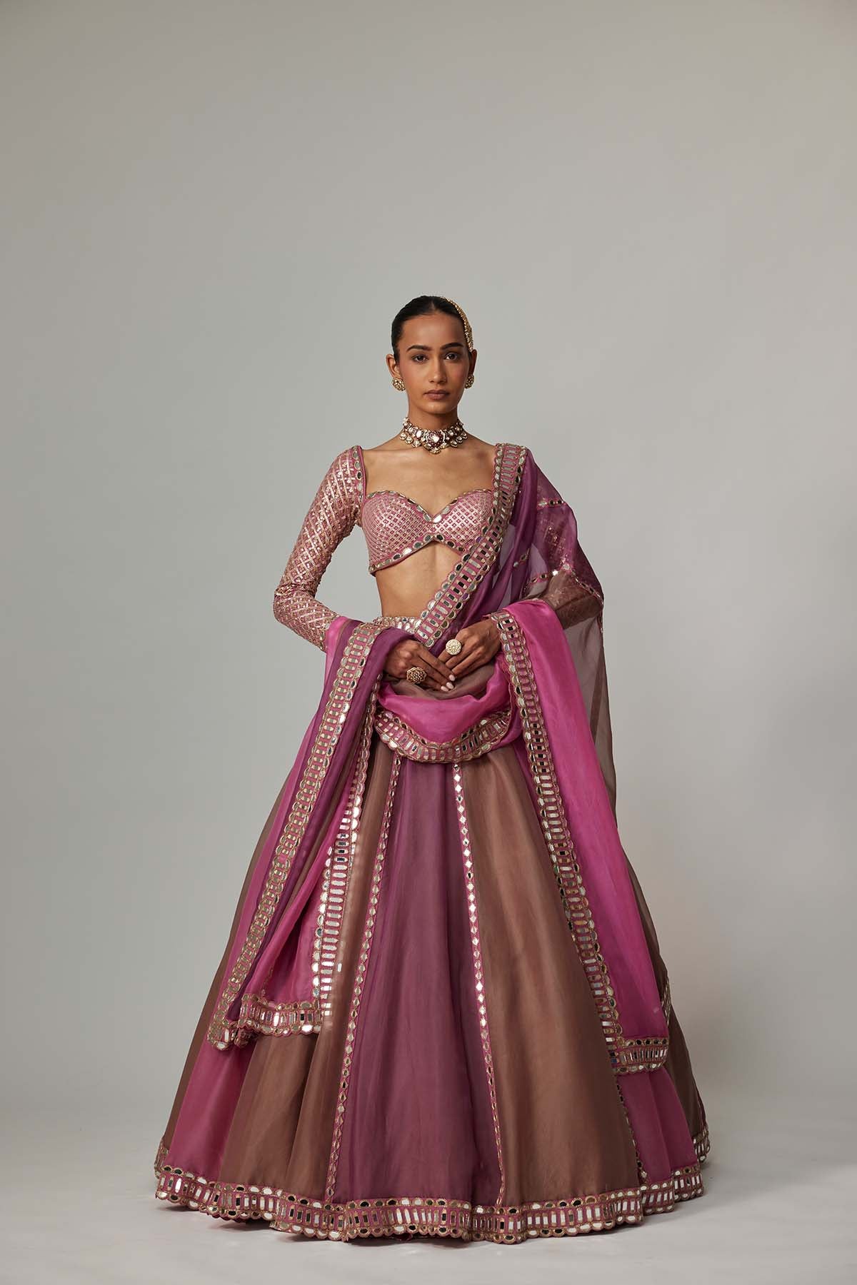 V Vani Vats Mud Mauve Multicolor Lehenga With Sweetheart Full Sleeve Blouse indian designer wear online shopping melange singapore 