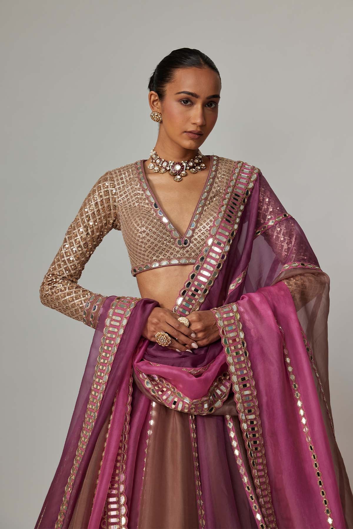 V Vani Vats Mud Mauve Multicolor Lehenga With V Neck Blouse indian designer wear online shopping melange singapore 