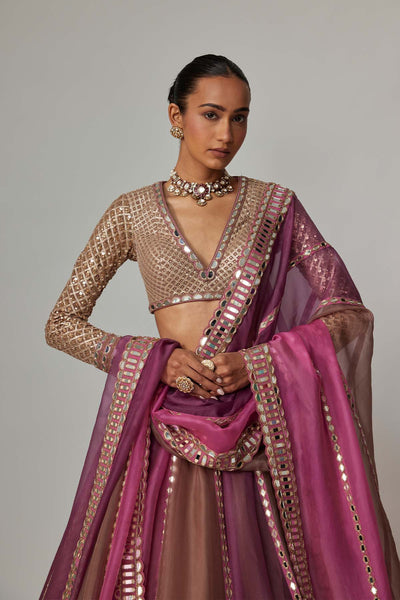 V Vani Vats Mud Mauve Multicolor Lehenga With V Neck Blouse indian designer wear online shopping melange singapore 