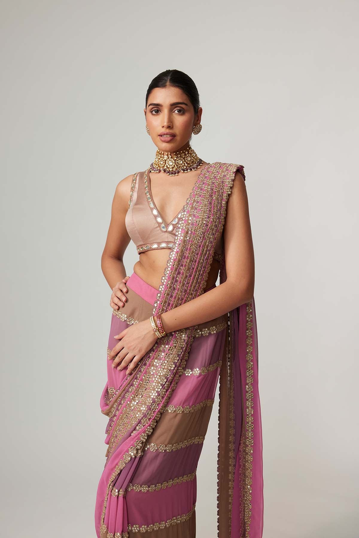 V Vani Vats Mud Mauve Multicolor Saree indian designer wear online shopping melange singapore 