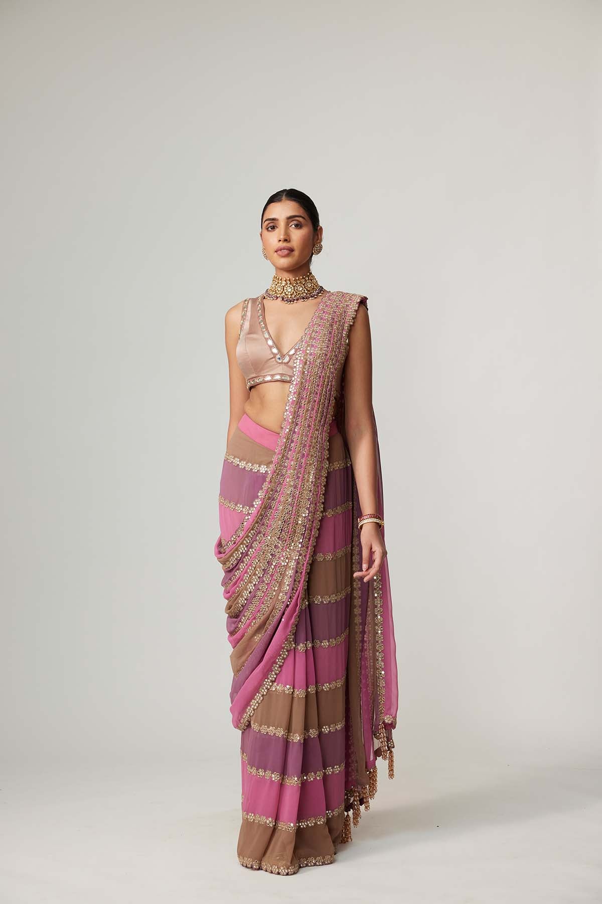V Vani Vats Mud Mauve Multicolor Saree indian designer wear online shopping melange singapore 