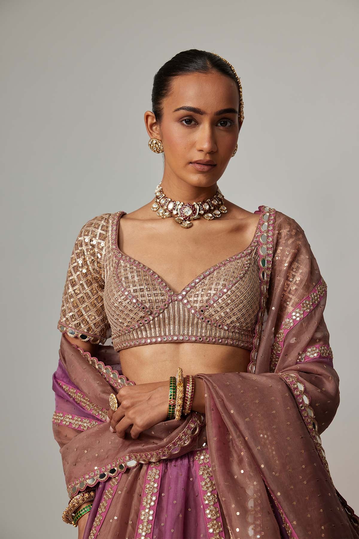 V Vani Vats Mud Mauve Multicolor Sequin Scatter Lehenga With Elbow Sleeve Blouse indian designer wear online shopping melange singapore 
