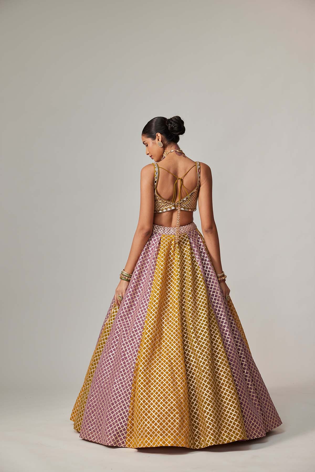 V Vani Vats Mustard Multicolor Big Check Lehenga Set indian designer wear online shopping melange singapore 