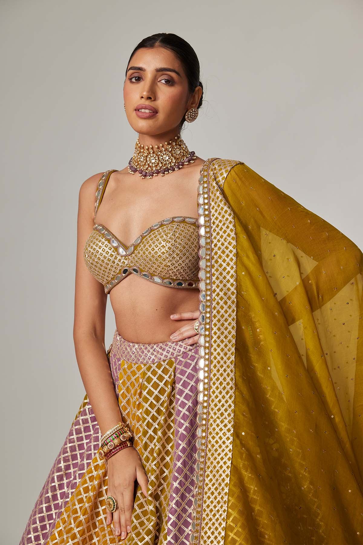 V Vani Vats Mustard Multicolor Big Check Lehenga Set indian designer wear online shopping melange singapore 