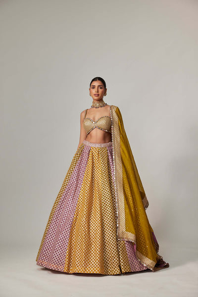 V Vani Vats Mustard Multicolor Big Check Lehenga Set indian designer wear online shopping melange singapore 