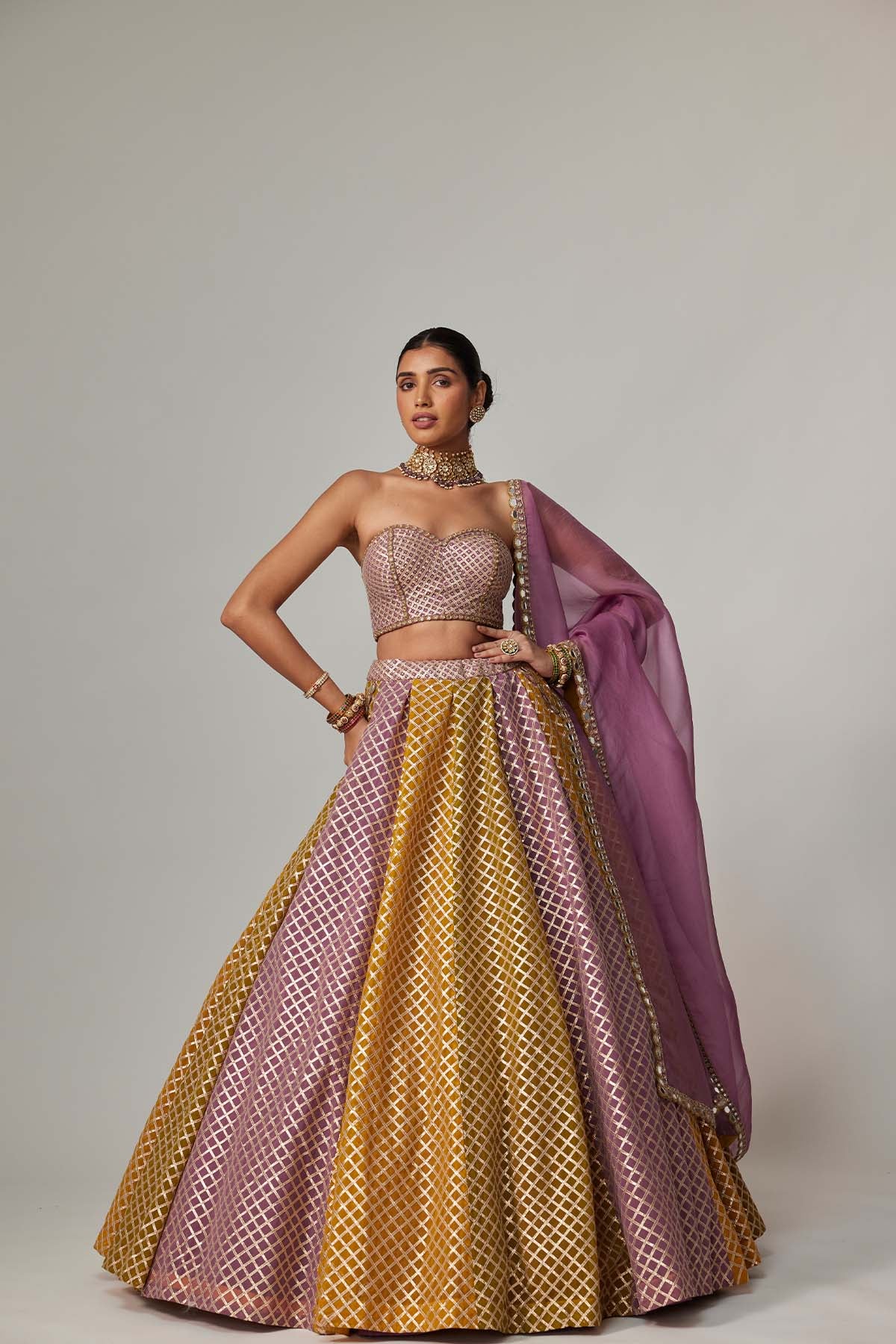 V Vani Vats Mustard Multicolor Corset Skirt With Dupatta Set indian designer wear online shopping melange singapore 