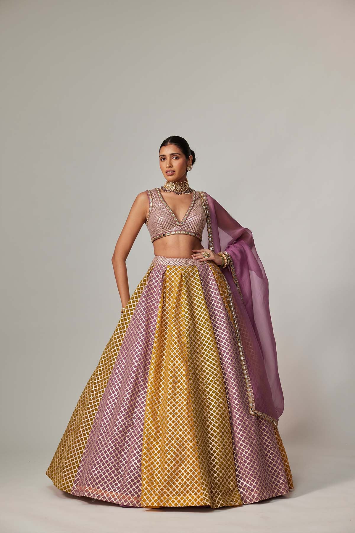 V Vani Vats Mustard Multicolor Crop Top With Dupatta indian designer wear online shopping melange singapore 
