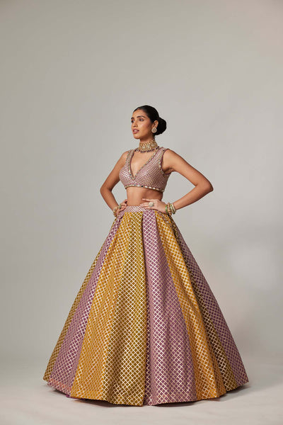 V Vani Vats Mustard Multicolor Crop Top With Skirt indian designer wear online shopping melange singapore 