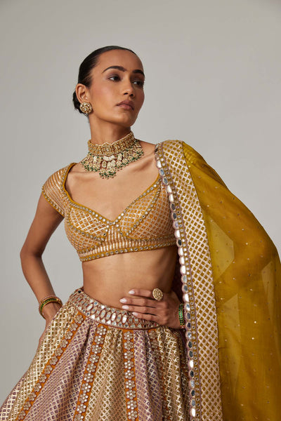 V Vani VatsMustard Multicolor Heavy Metallic Lehenga With Green Dupatta indian designer wear online shopping melange singapore 