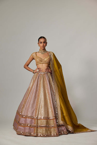 V Vani VatsMustard Multicolor Heavy Metallic Lehenga With Green Dupatta indian designer wear online shopping melange singapore 