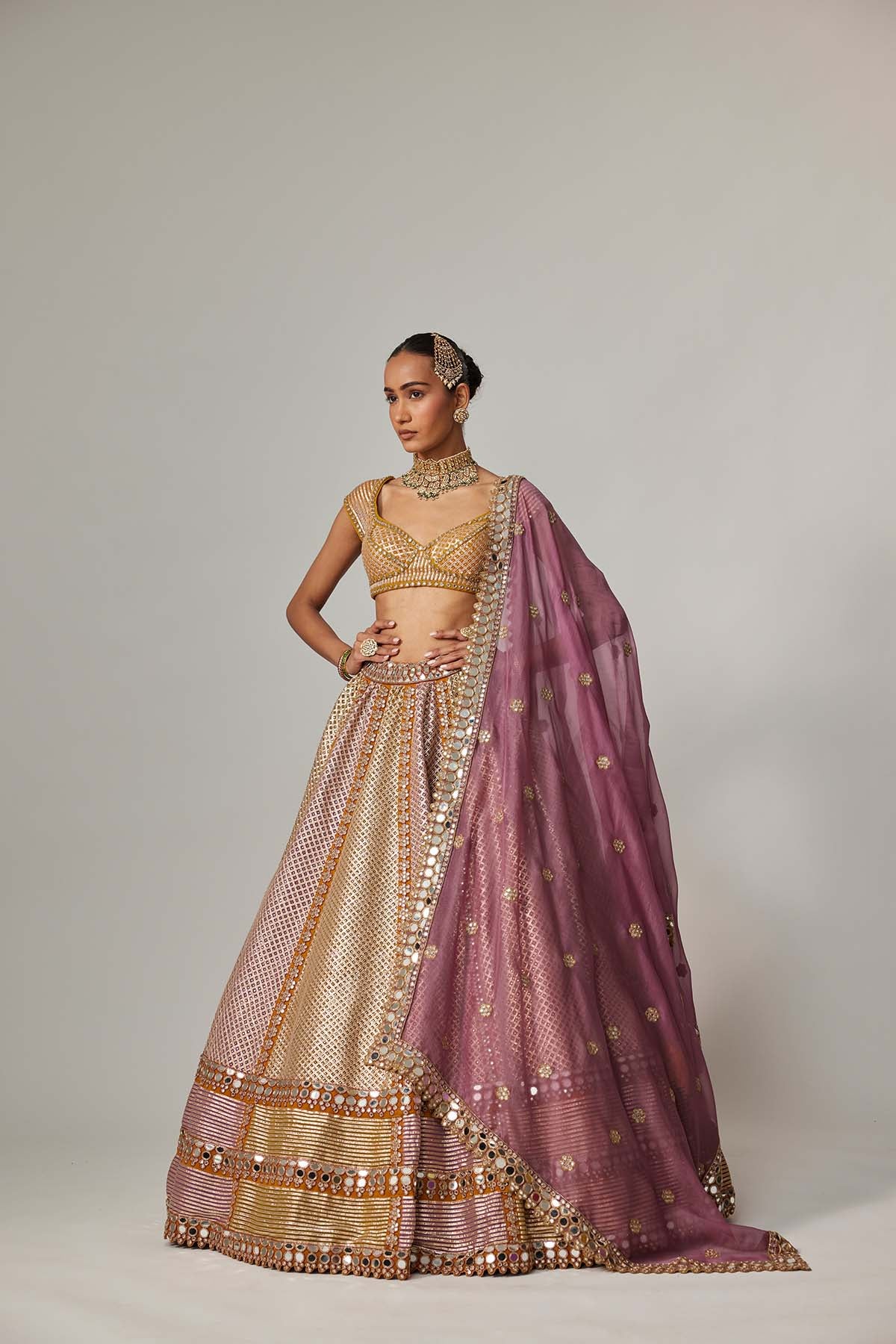 V Vani VatsMustard Multicolor Heavy Metallic Lehenga With Mud Mauve Dupatta indian designer wear online shopping melange singapore 
