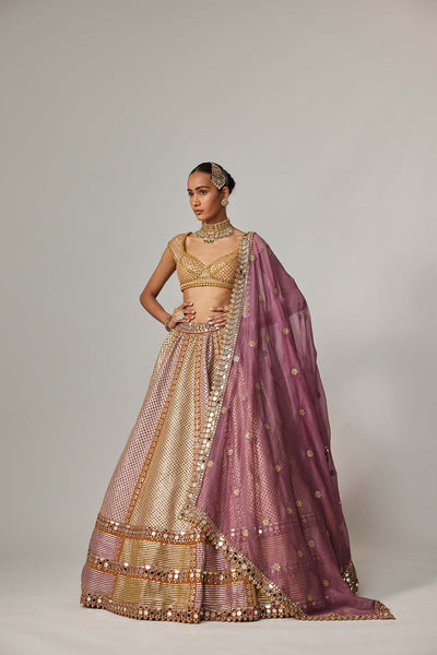 V Vani VatsMustard Multicolor Heavy Metallic Lehenga With Mud Mauve Dupatta indian designer wear online shopping melange singapore 