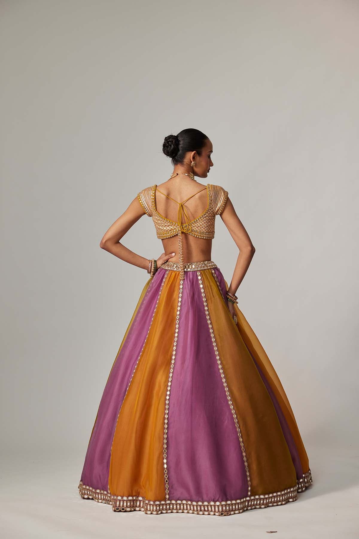 V Vani Vats Mustard Multicolor Linear Lehenga With Cap Sleeve Blouse indian designer wear online shopping melange singapore 