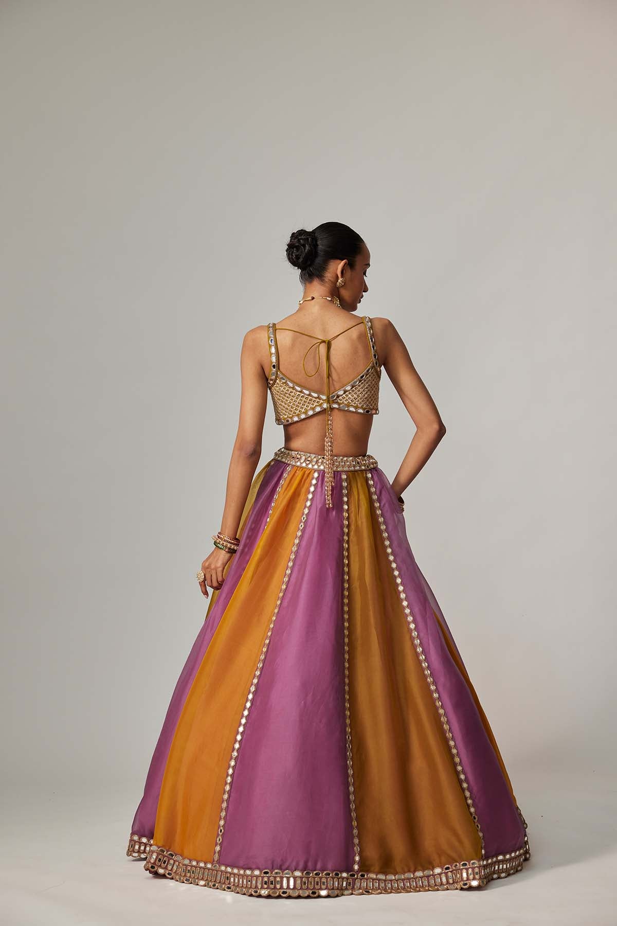 V Vani Vats Mustard Multicolor Linear Lehenga With Sweetheart Neck Blouse indian designer wear online shopping melange singapore 
