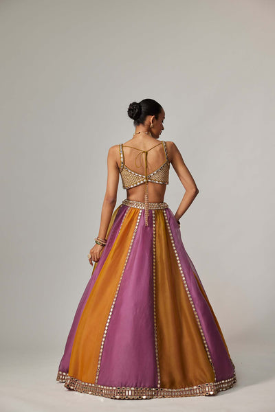 V Vani Vats Mustard Multicolor Linear Lehenga With Sweetheart Neck Blouse indian designer wear online shopping melange singapore 