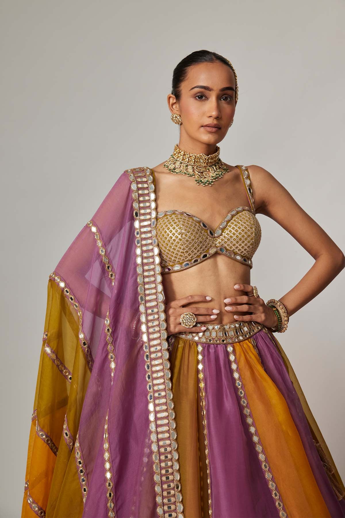 V Vani Vats Mustard Multicolor Linear Lehenga With Sweetheart Neck Blouse indian designer wear online shopping melange singapore 