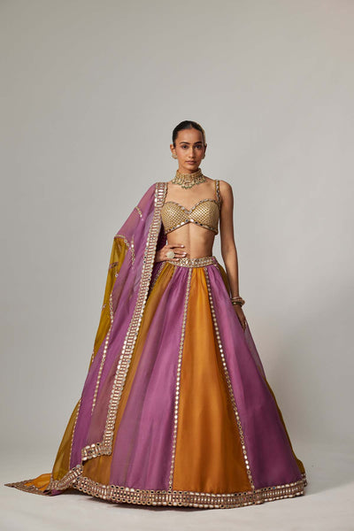 V Vani Vats Mustard Multicolor Linear Lehenga With Sweetheart Neck Blouse indian designer wear online shopping melange singapore 