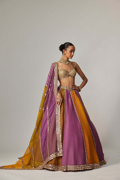 V Vani Vats Mustard Multicolor Linear Lehenga With Sweetheart Neck Blouse indian designer wear online shopping melange singapore 