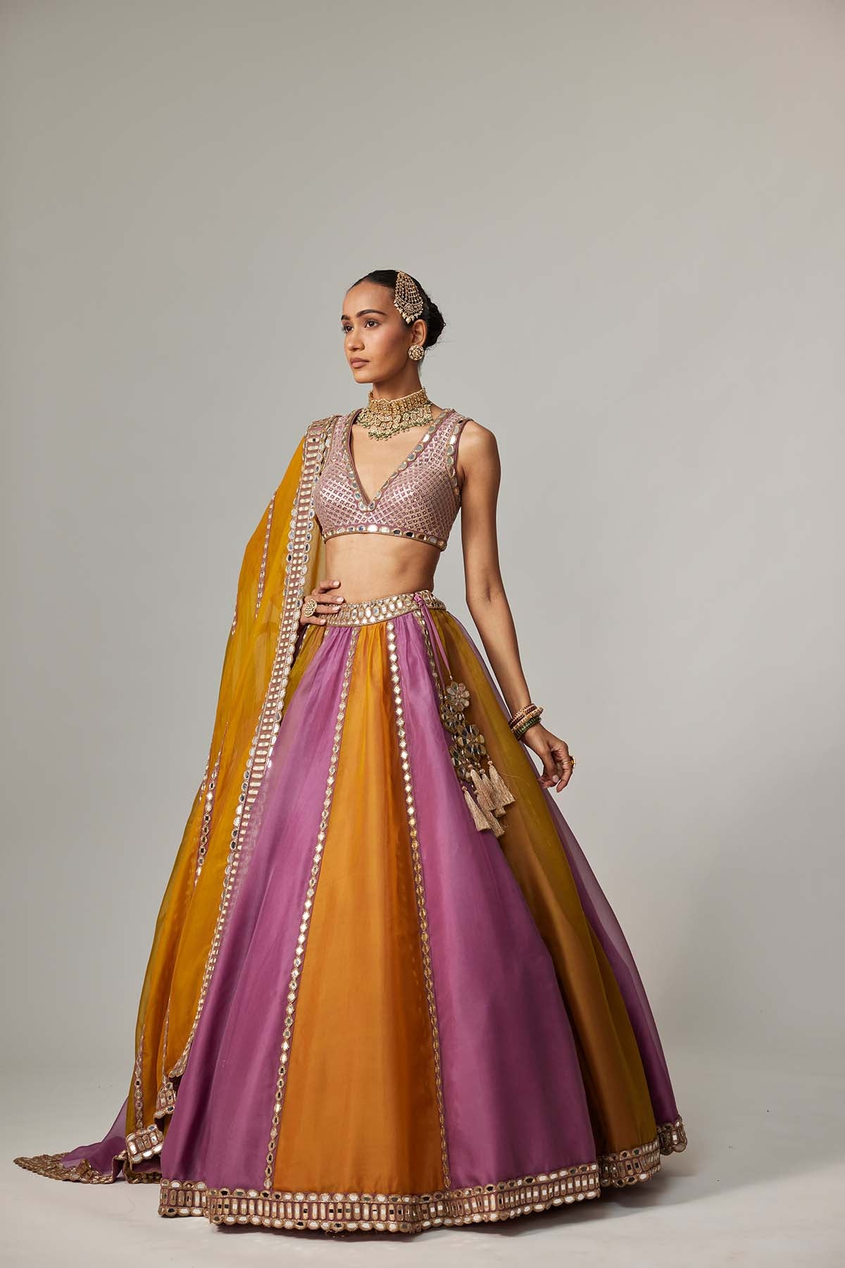 V Vani Vats Mustard Multicolor Linear Lehenga With V Neck Blouse indian designer wear online shopping melange singapore 
