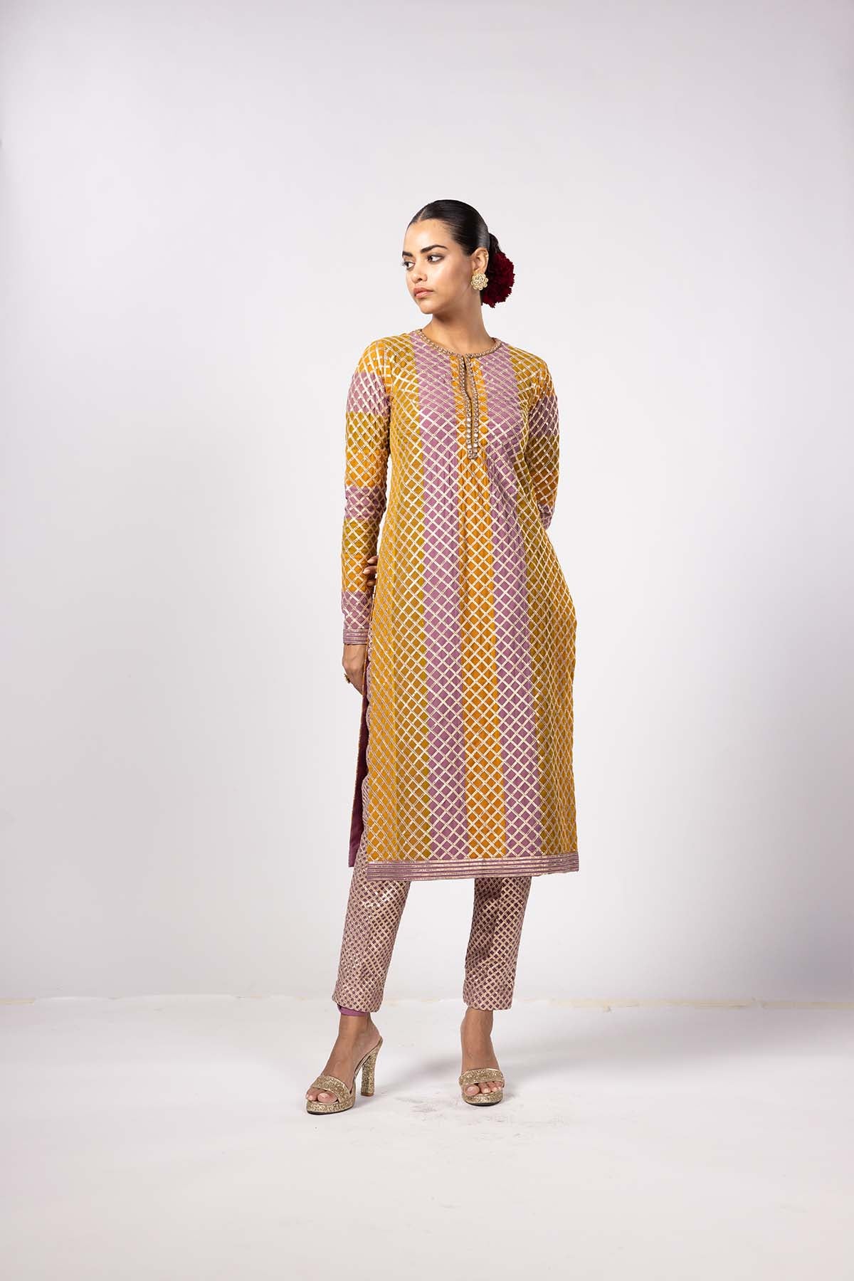 V Vani Vats Mustard Multicolor Pant Kurta Set indian designer wear online shopping melange singapore 