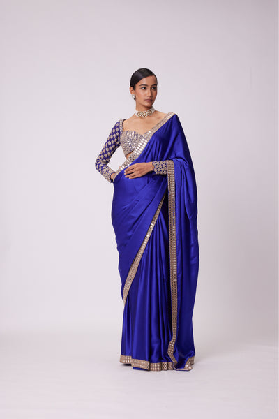 V Vani Vats Persian Blue Satin Saree Set indian designer wear online shopping melange singapore