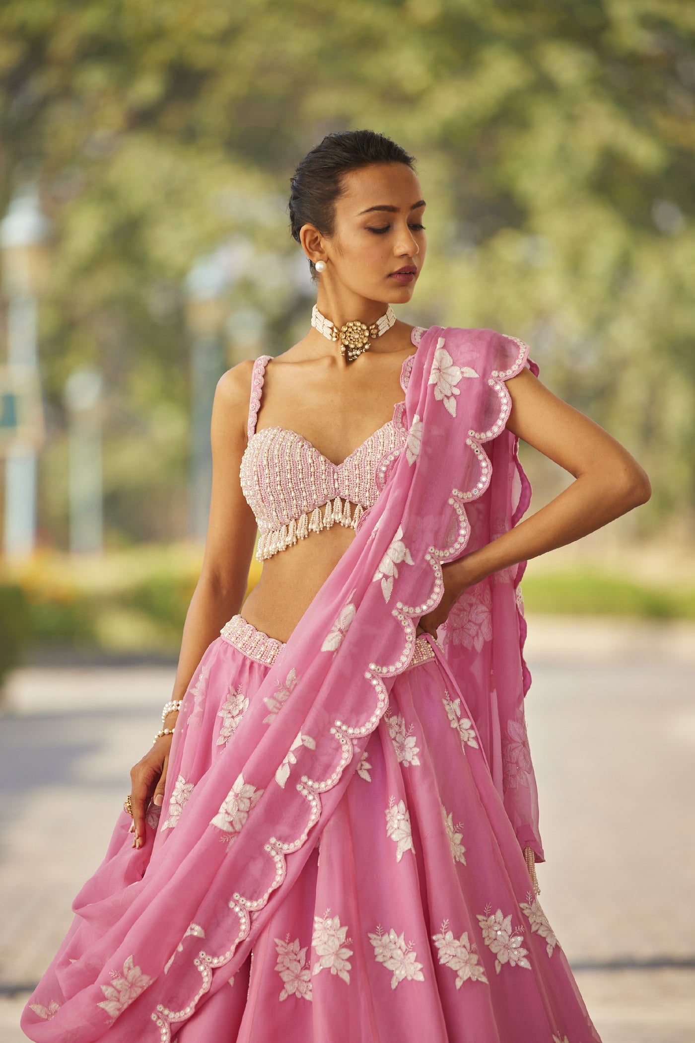 V Vani Vats Pink Flower Lehenga Set indian designer wear online shopping melange singapore