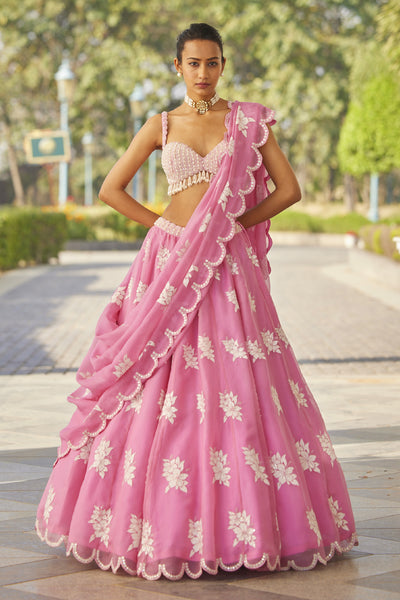 V Vani Vats Pink Flower Lehenga Set indian designer wear online shopping melange singapore