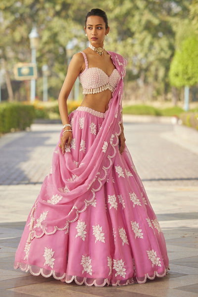 V Vani Vats Pink Flower Lehenga Set indian designer wear online shopping melange singapore