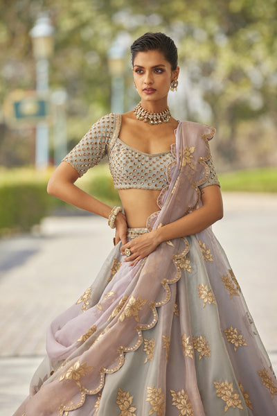 V Vani Vats Powder Grey Flower Lehenga Set indian designer wear online shopping melange singapore