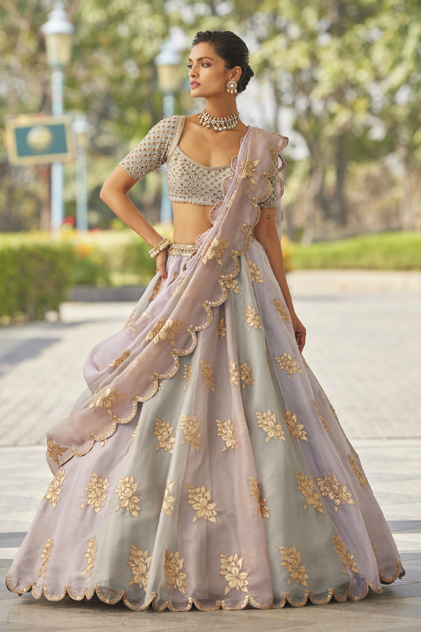 V Vani Vats Powder Grey Flower Lehenga Set indian designer wear online shopping melange singapore