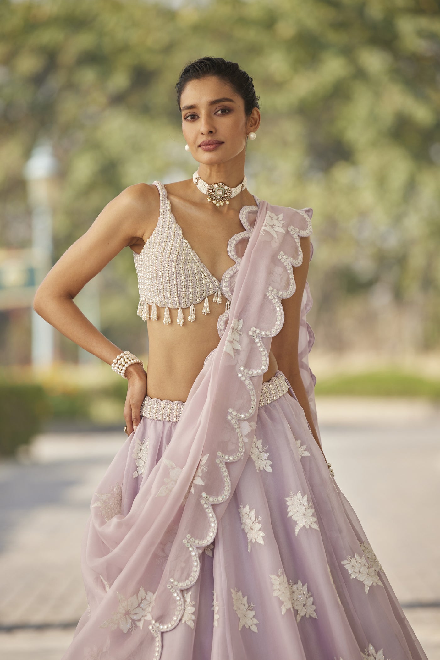 V Vani Vats Powder Lilac Flower Lehenga Set indian designer wear online shopping melange singapore