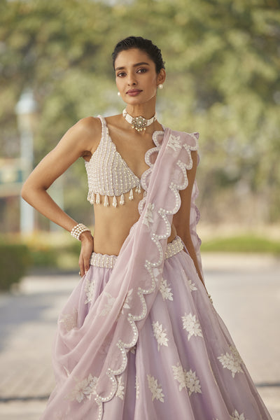 V Vani Vats Powder Lilac Flower Lehenga Set indian designer wear online shopping melange singapore