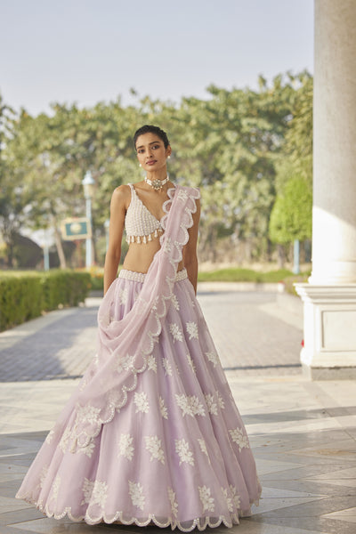 V Vani Vats Powder Lilac Flower Lehenga Set indian designer wear online shopping melange singapore