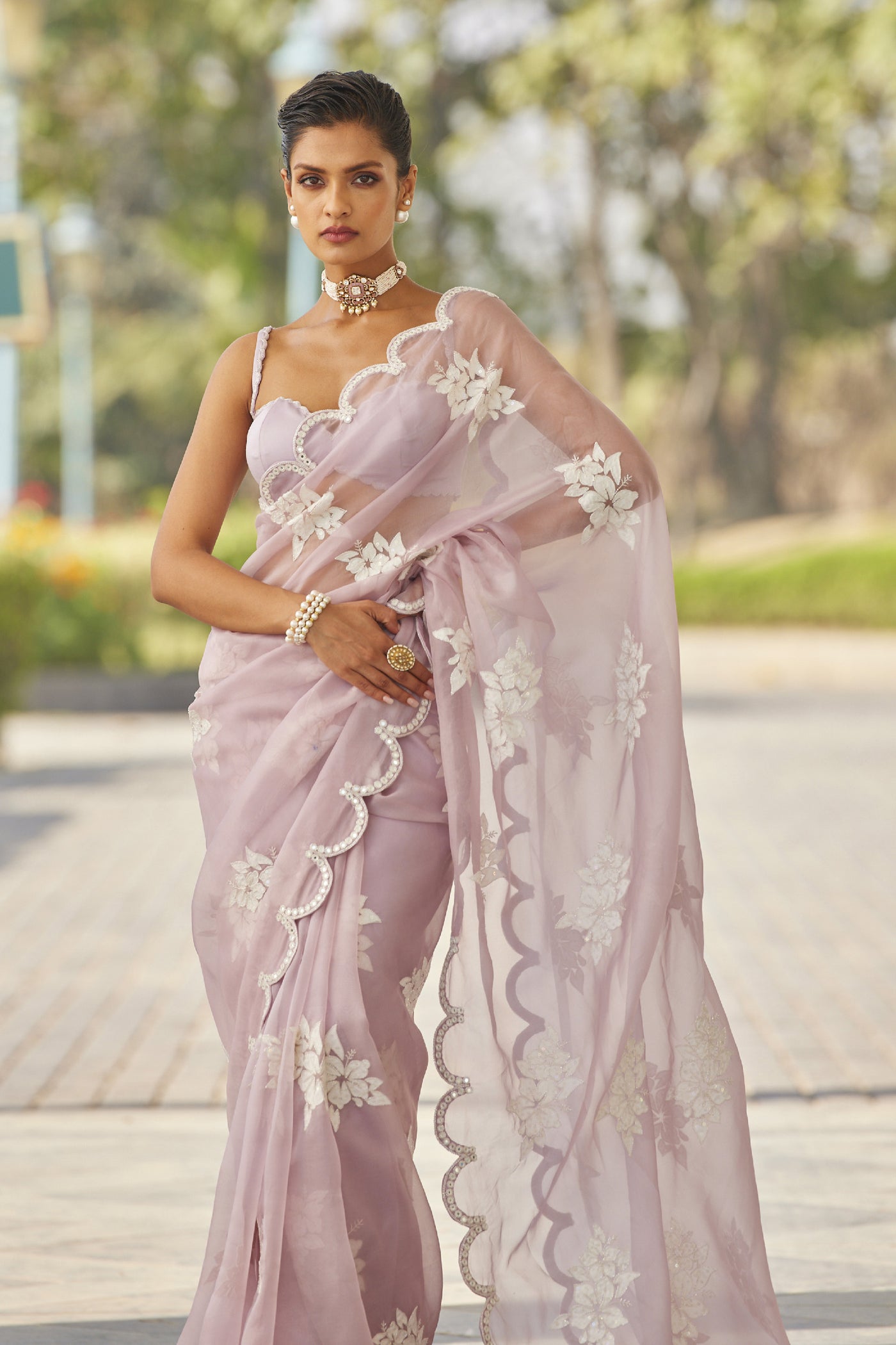 V Vani Vats Powder Lilac Flower Saree Set indian designer wear online shopping melange singapore