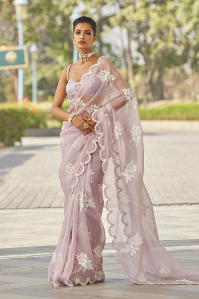 V Vani Vats Powder Lilac Flower Saree Set indian designer wear online shopping melange singapore