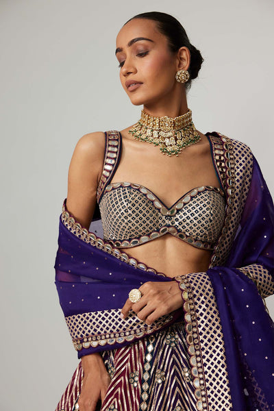 V Vani Vats Teal Wine Multicolor Lehenga Set With Dark Purple Dupatta indian designer wear online shopping melange singapore 
