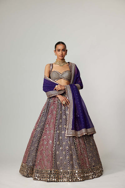 V Vani Vats Teal Wine Multicolor Lehenga Set With Dark Purple Dupatta indian designer wear online shopping melange singapore 
