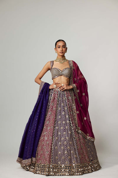 V Vani Vats Teal Wine Multicolor Lehenga Set With Double Dupatta indian designer wear online shopping melange singapore 