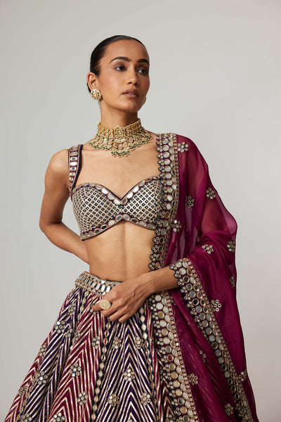 V Vani Vats Teal Wine Multicolor Lehenga Set With Wine Dupatta indian designer wear online shopping melange singapore 